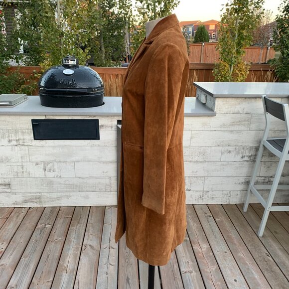 Vintage Bagatelle Camel Suede Leather Long Midi Overcoat Blazer Trench Coat - Picture 8 of 16